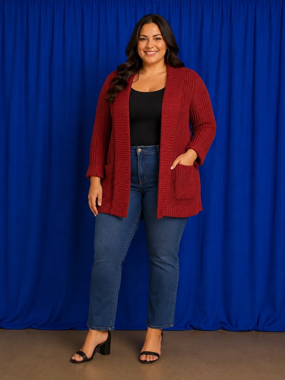 Choices Plus Size Open-Front Cardigan Sweater in Deep Red With Gold Size XL